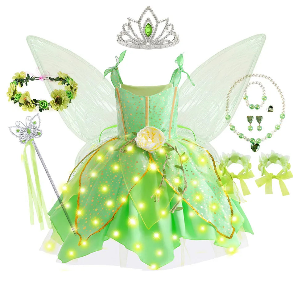 Girls Tinker Bell Dress With Wings Luxury Sequin Green Fairy Costume Halloween Fantasy Cartoon Outfits Green Princess Dress