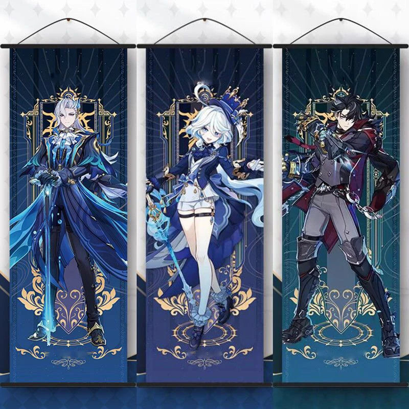 Hot Game Impact Scroll Canvas Cosplay Cartoon Heros Wall Hanging Poster Halloween Xmas Decor Fans Collection Students Gifts