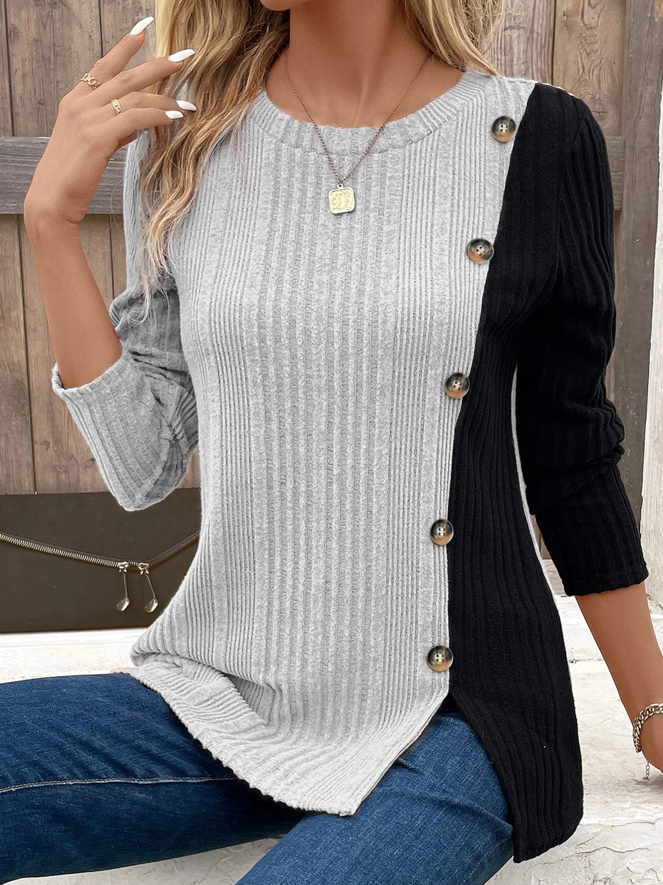 Ribbed Colorblock Button Decor T-Shirt，Casual Long Sleeve Top For Spring & Fall，Women's Clothing
