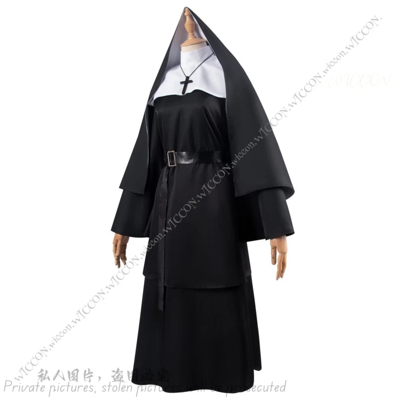 Ghost Nun Halloween Costume Horror Movie Cosplay Horror Ghost Mask Woman Disguise Bloody Mouth Scream Halloween Party Nun Dress