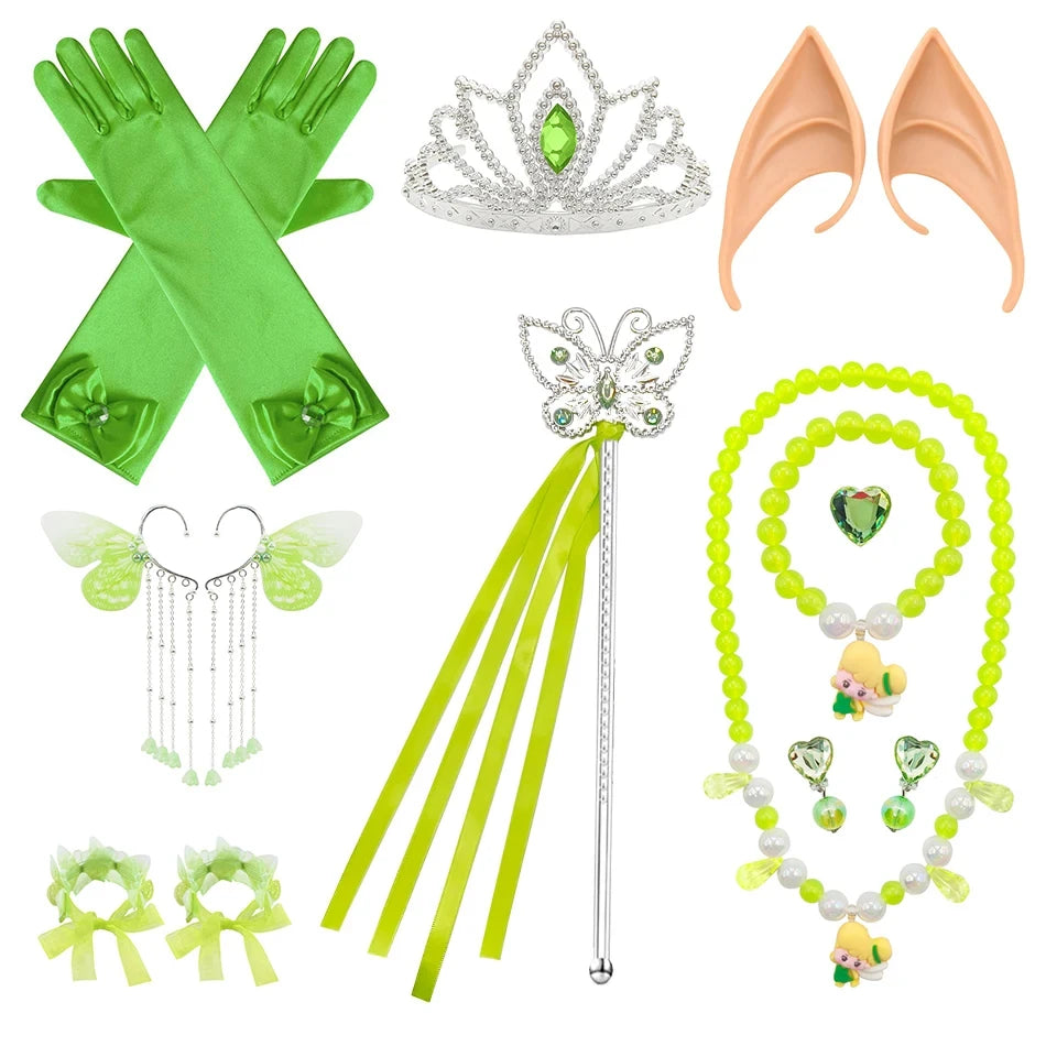 Girls Tinker Bell Dress With Wings Luxury Sequin Green Fairy Costume Halloween Fantasy Cartoon Outfits Green Princess Dress