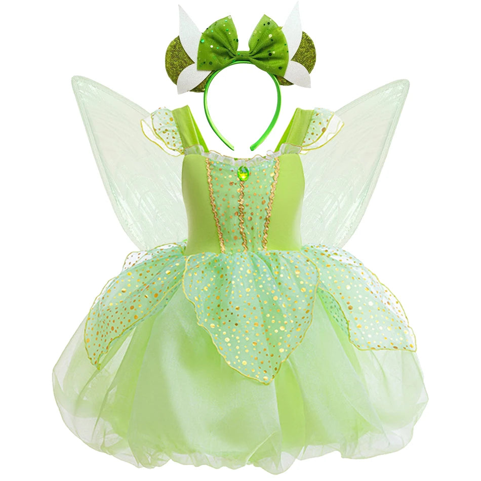 Halloween Tinker Bell Costume Girls Green Elf Fairy Dress Kids Sequin Green Mesh Puffy Ball Gown Children Dance Clothes