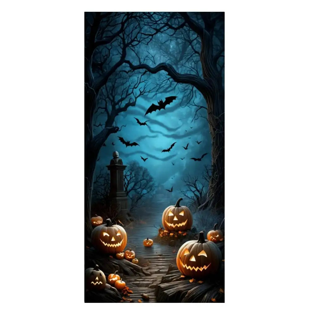Halloween Door Decorations Horror Moon Night Dead Tree Scary Cemetery Pumpkins Door Cover Banner Halloween Front Door Porch Back