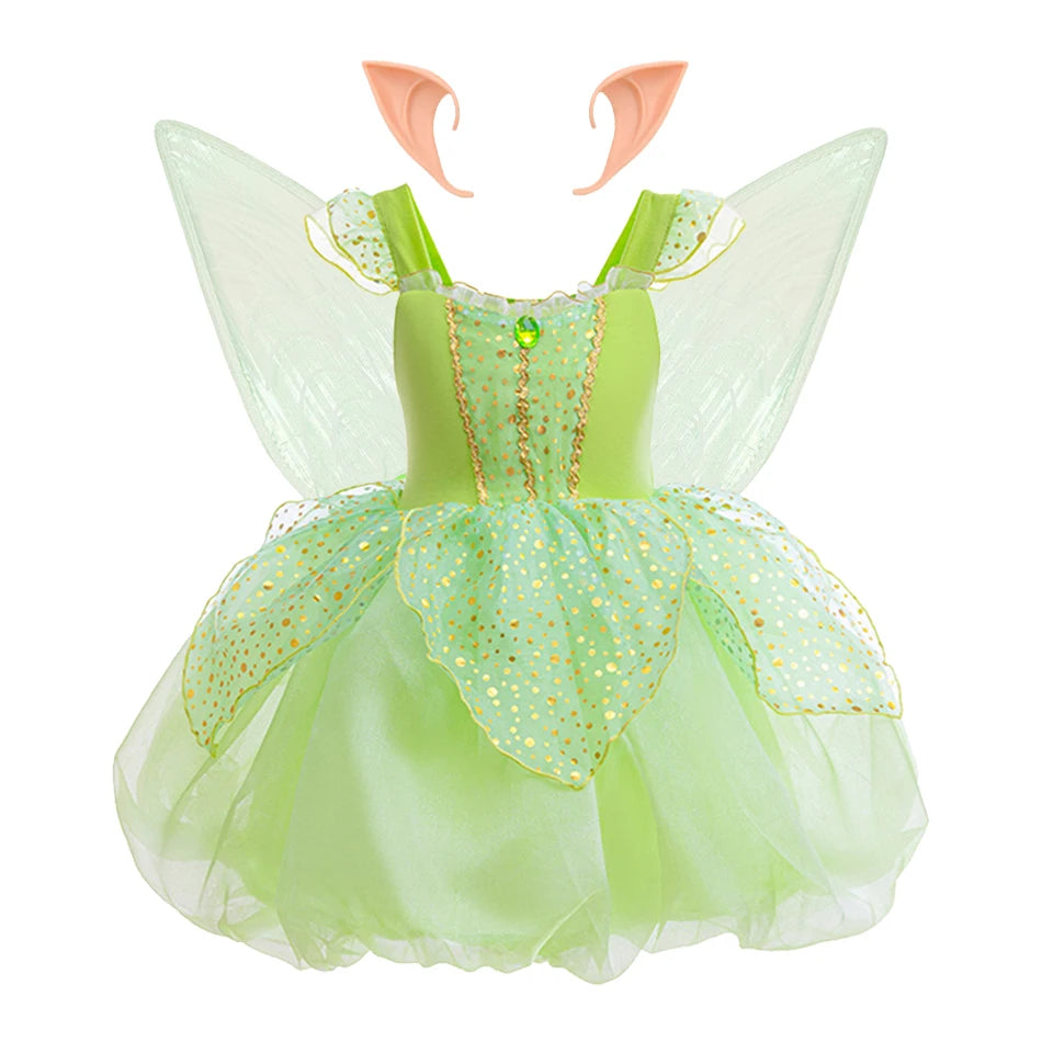 Halloween Tinker Bell Costume Girls Green Elf Fairy Dress Kids Sequin Green Mesh Puffy Ball Gown Children Dance Clothes