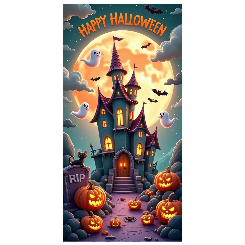 Halloween Door Decorations Horror Moon Night Dead Tree Scary Cemetery Pumpkins Door Cover Banner Halloween Front Door Porch Back
