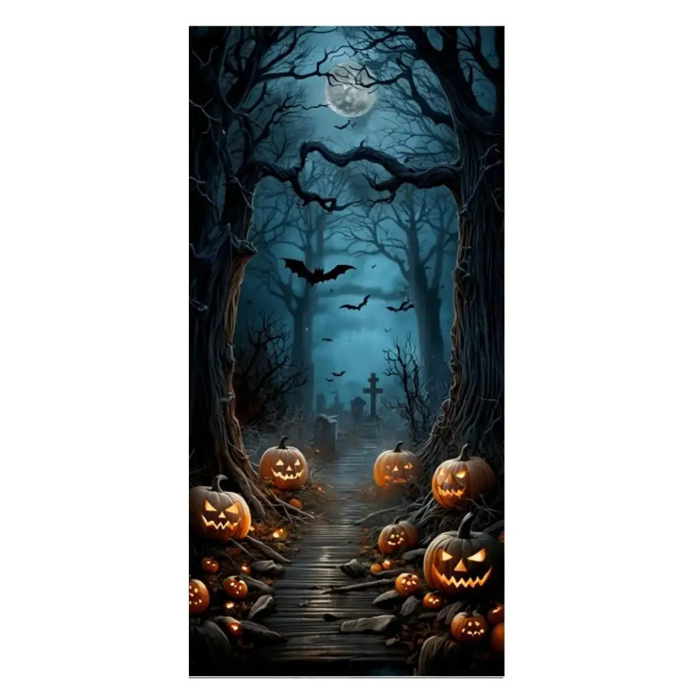 Halloween Door Decorations Horror Moon Night Dead Tree Scary Cemetery Pumpkins Door Cover Banner Halloween Front Door Porch Back