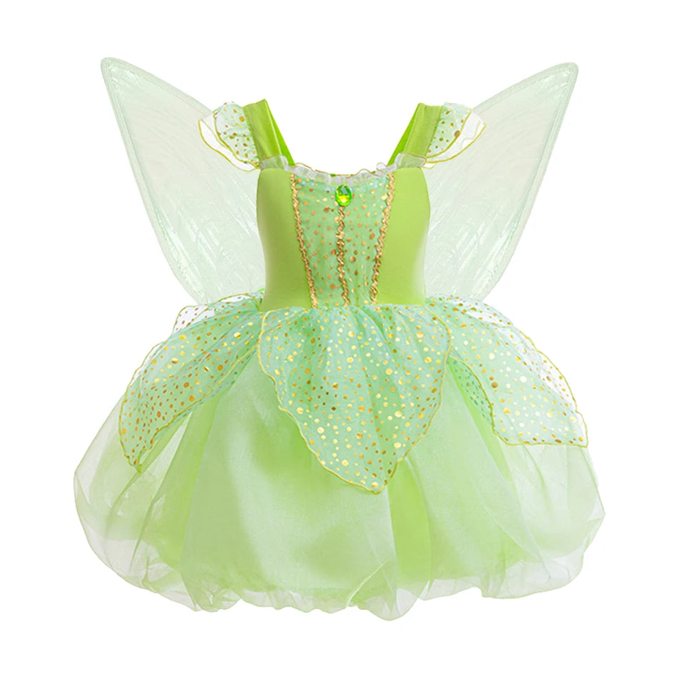 Halloween Tinker Bell Costume Girls Green Elf Fairy Dress Kids Sequin Green Mesh Puffy Ball Gown Children Dance Clothes