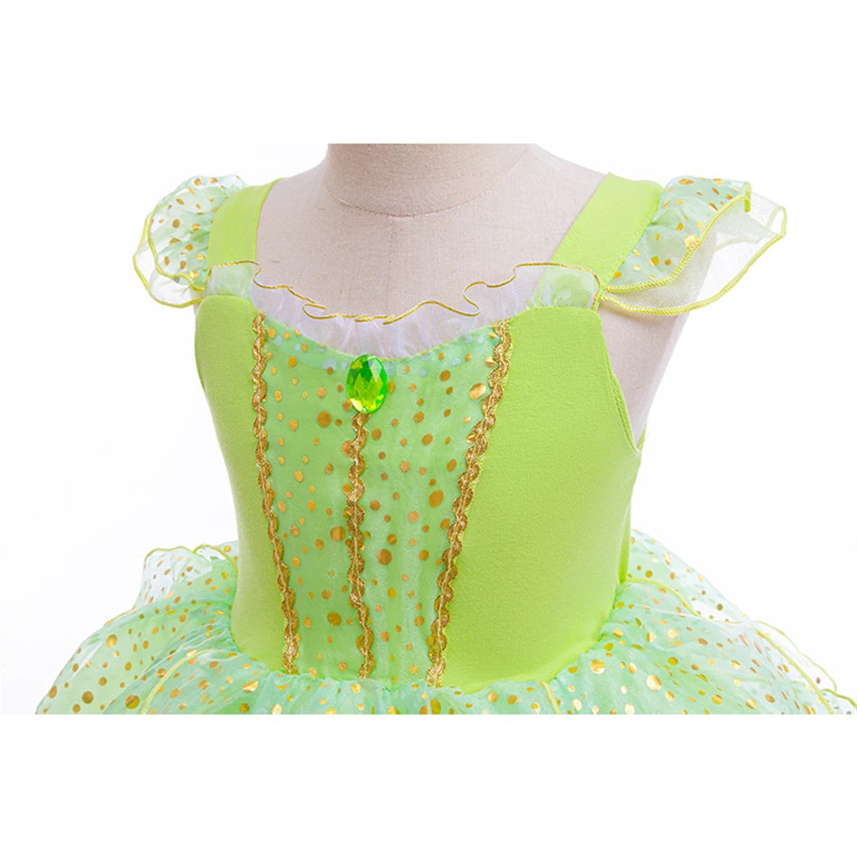 Halloween Tinker Bell Costume Girls Green Elf Fairy Dress Kids Sequin Green Mesh Puffy Ball Gown Children Dance Clothes