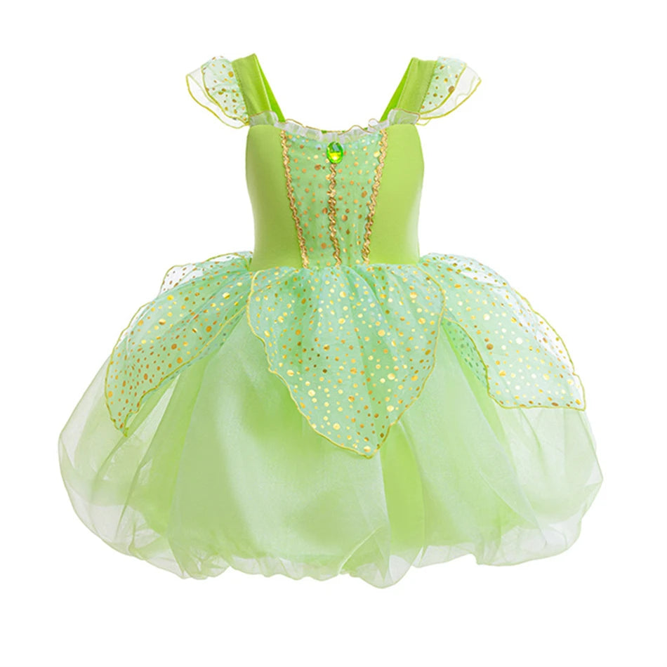 Halloween Tinker Bell Costume Girls Green Elf Fairy Dress Kids Sequin Green Mesh Puffy Ball Gown Children Dance Clothes