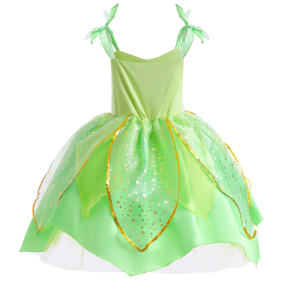 Girls Tinker Bell Dress With Wings Luxury Sequin Green Fairy Costume Halloween Fantasy Cartoon Outfits Green Princess Dress