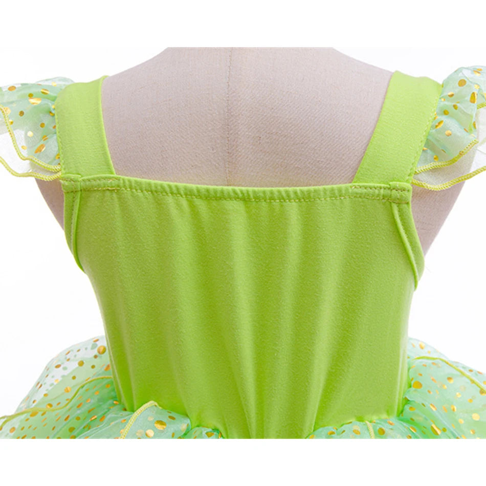 Halloween Tinker Bell Costume Girls Green Elf Fairy Dress Kids Sequin Green Mesh Puffy Ball Gown Children Dance Clothes