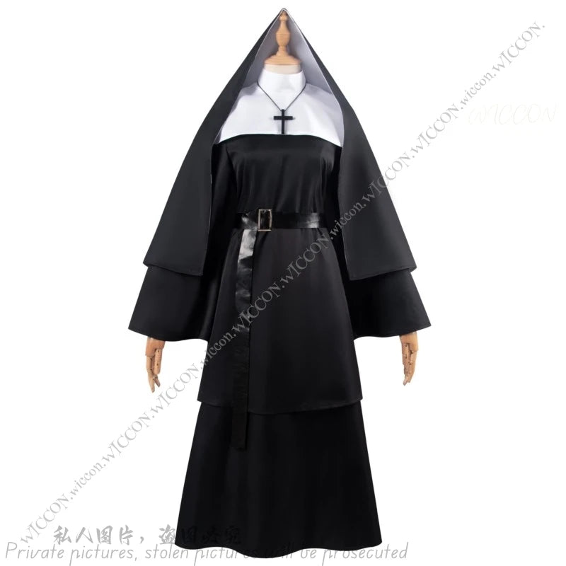 Ghost Nun Halloween Costume Horror Movie Cosplay Horror Ghost Mask Woman Disguise Bloody Mouth Scream Halloween Party Nun Dress