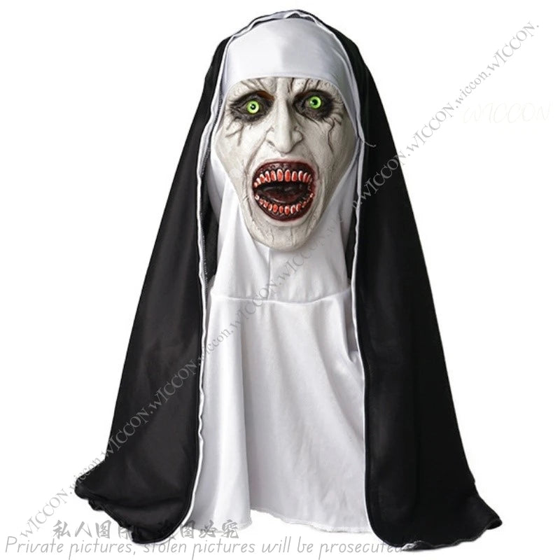 Ghost Nun Halloween Costume Horror Movie Cosplay Horror Ghost Mask Woman Disguise Bloody Mouth Scream Halloween Party Nun Dress