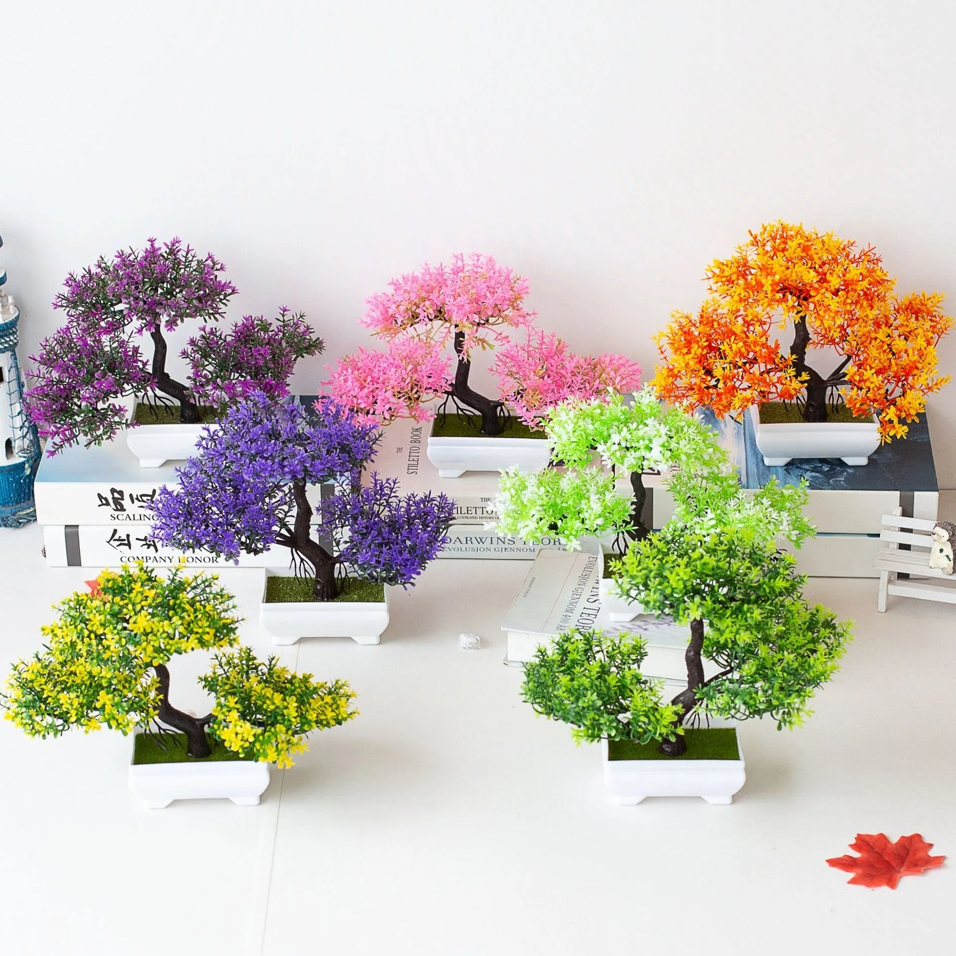 A set of artificial bonsai trees, plants, new homes, decorations for Christmas, Halloween, Easter, Hanukkah, and Thanksgiving