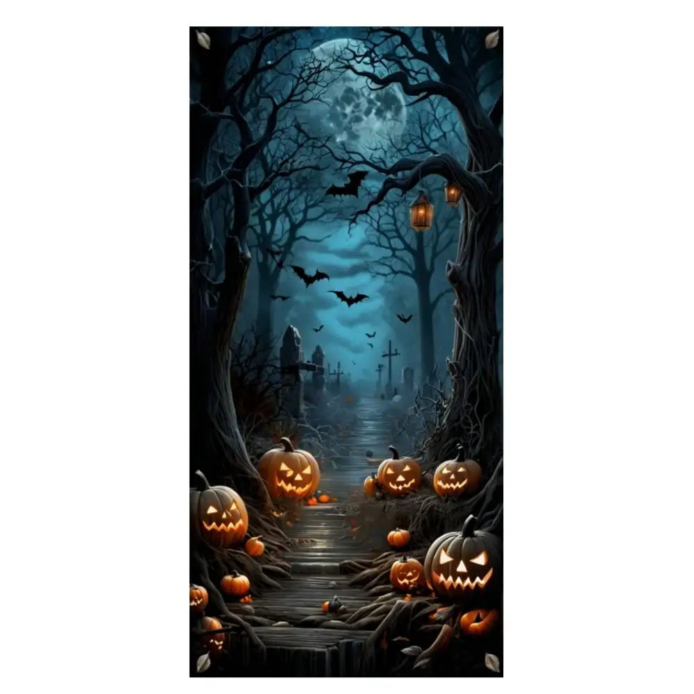 Halloween Door Decorations Horror Moon Night Dead Tree Scary Cemetery Pumpkins Door Cover Banner Halloween Front Door Porch Back