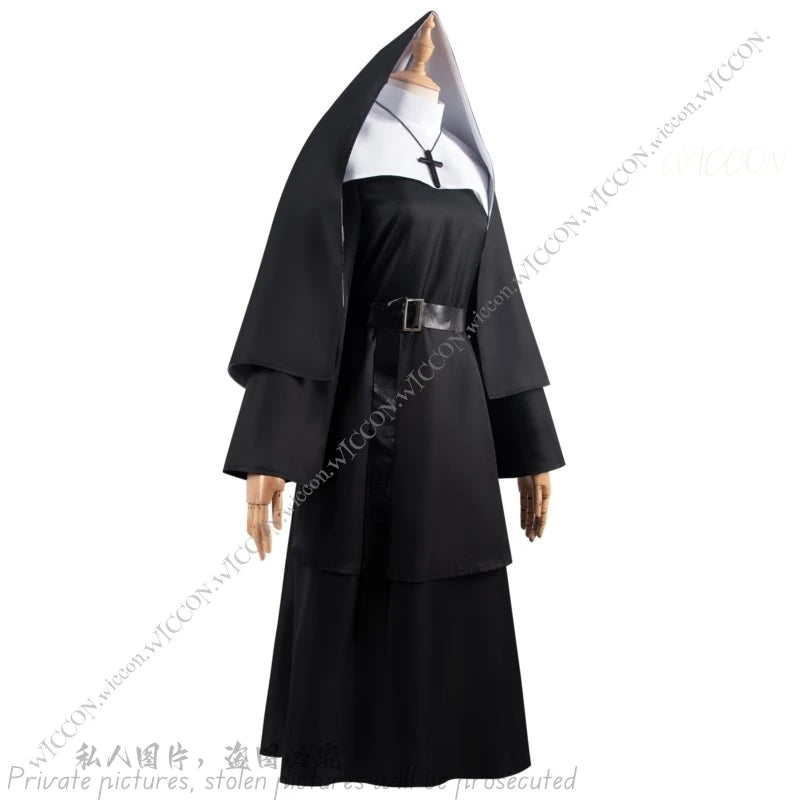Ghost Nun Halloween Costume Horror Movie Cosplay Horror Ghost Mask Woman Disguise Bloody Mouth Scream Halloween Party Nun Dress
