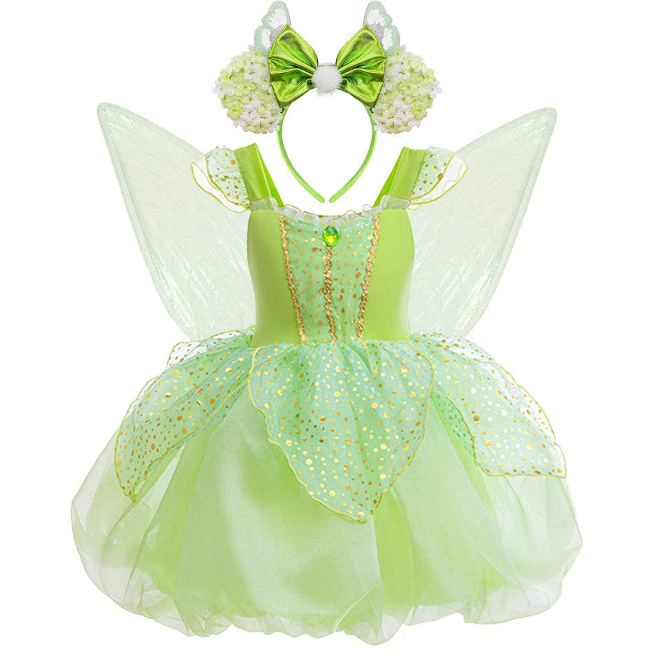 Halloween Tinker Bell Costume Girls Green Elf Fairy Dress Kids Sequin Green Mesh Puffy Ball Gown Children Dance Clothes