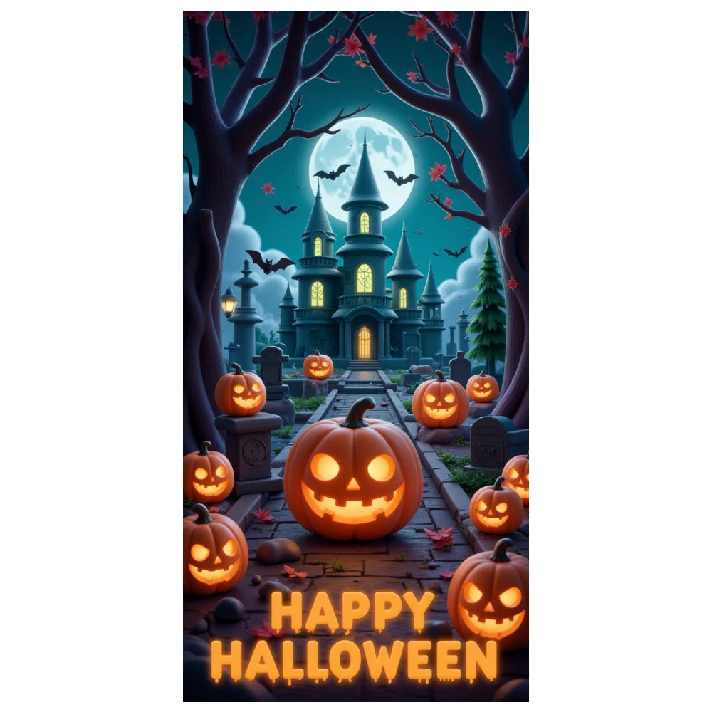 Halloween Door Decorations Horror Moon Night Dead Tree Scary Cemetery Pumpkins Door Cover Banner Halloween Front Door Porch Back