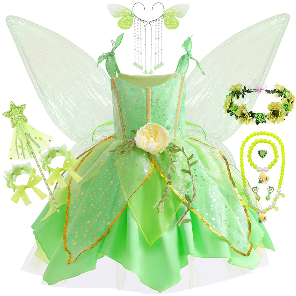 Girls Tinker Bell Dress With Wings Luxury Sequin Green Fairy Costume Halloween Fantasy Cartoon Outfits Green Princess Dress