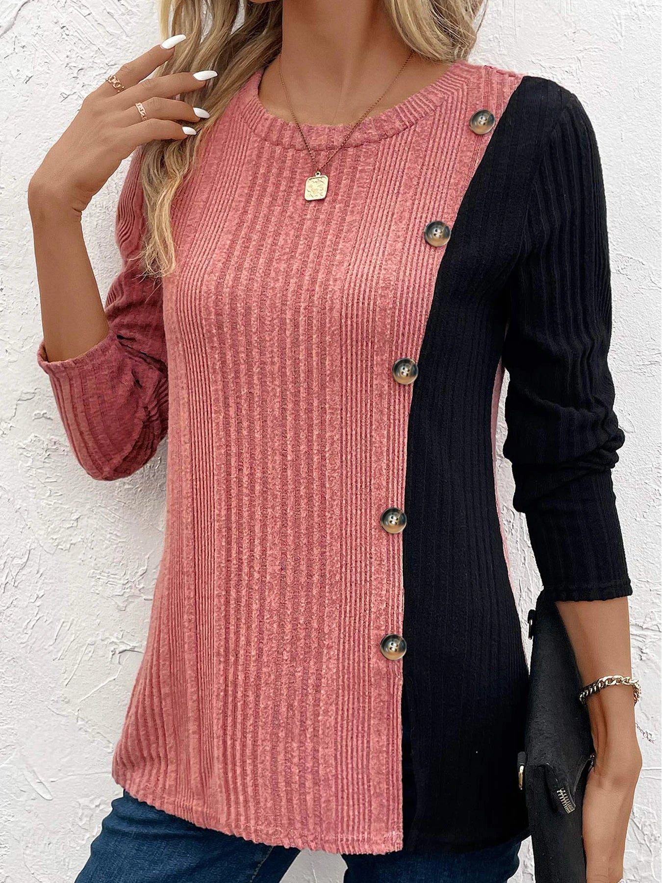 Ribbed Colorblock Button Decor T-Shirt，Casual Long Sleeve Top For Spring & Fall，Women's Clothing