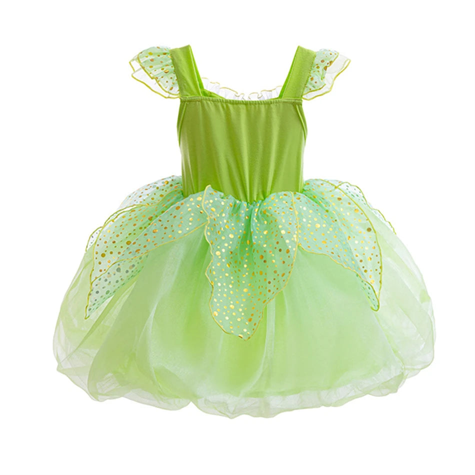 Halloween Tinker Bell Costume Girls Green Elf Fairy Dress Kids Sequin Green Mesh Puffy Ball Gown Children Dance Clothes