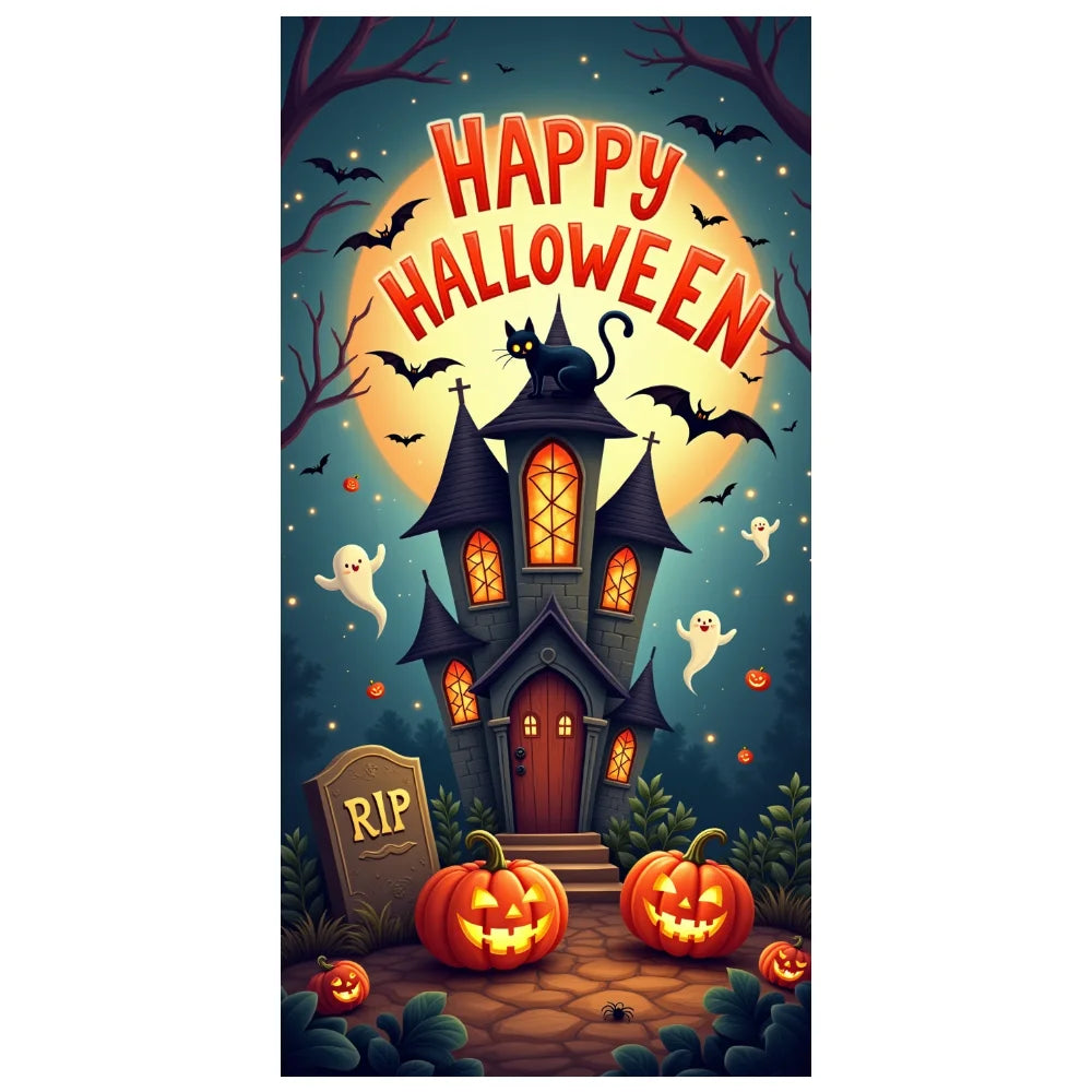 Halloween Door Decorations Horror Moon Night Dead Tree Scary Cemetery Pumpkins Door Cover Banner Halloween Front Door Porch Back