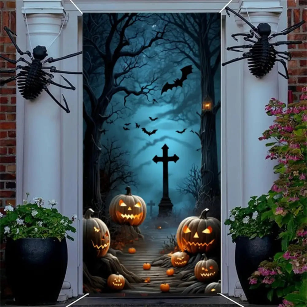 Halloween Door Decorations Horror Moon Night Dead Tree Scary Cemetery Pumpkins Door Cover Banner Halloween Front Door Porch Back