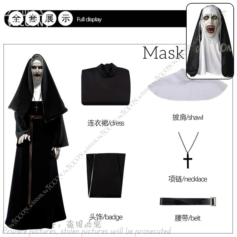 Ghost Nun Halloween Costume Horror Movie Cosplay Horror Ghost Mask Woman Disguise Bloody Mouth Scream Halloween Party Nun Dress