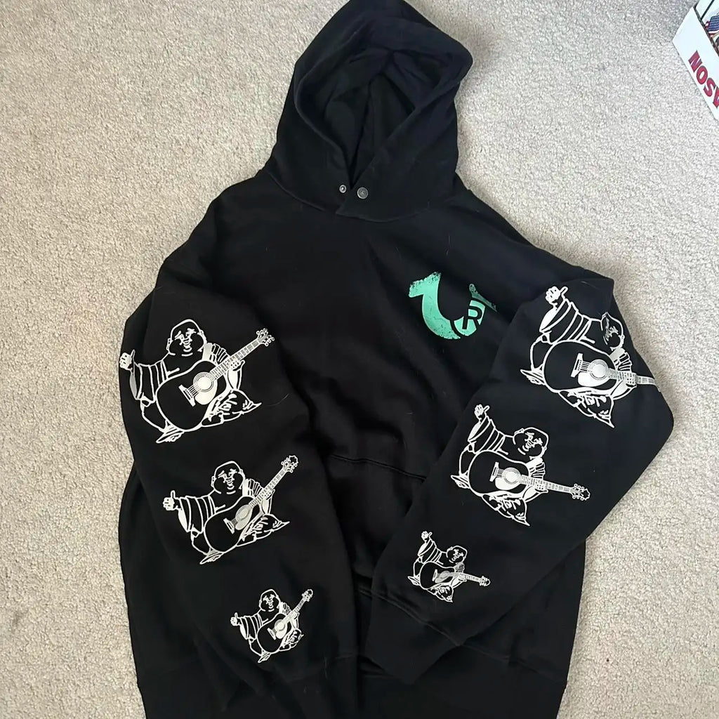 Hip Hop Buddha Graphic Black Hoodies Drawstring Cotton Mens Womens Harajuku Oversize Hoodie Sweatshirt Casual Jacket Y2K Clothes