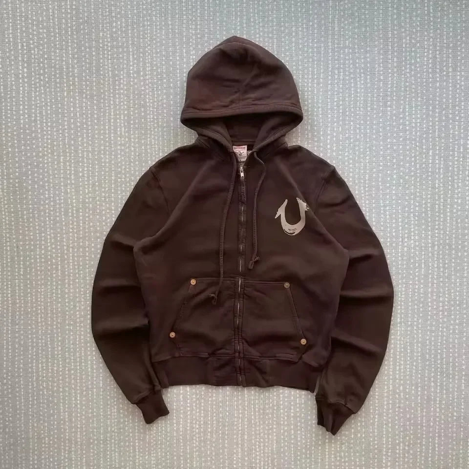 Harajuku Retro Summer Fashion Letters Embroidery Oversized Zipper Hoodie Men Y2k American Street Loose Casual Sweatshirt Women