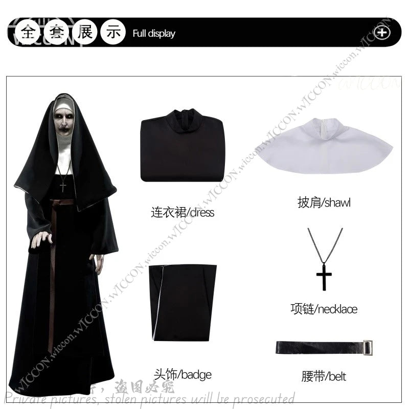Ghost Nun Halloween Costume Horror Movie Cosplay Horror Ghost Mask Woman Disguise Bloody Mouth Scream Halloween Party Nun Dress