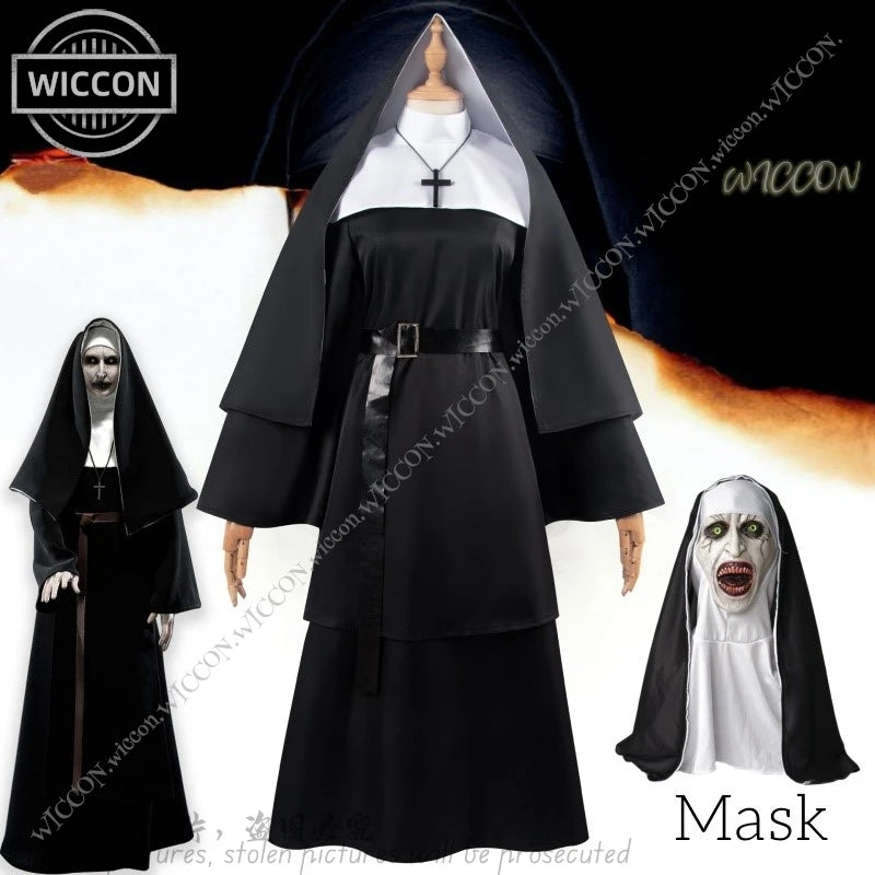 Ghost Nun Halloween Costume Horror Movie Cosplay Horror Ghost Mask Woman Disguise Bloody Mouth Scream Halloween Party Nun Dress