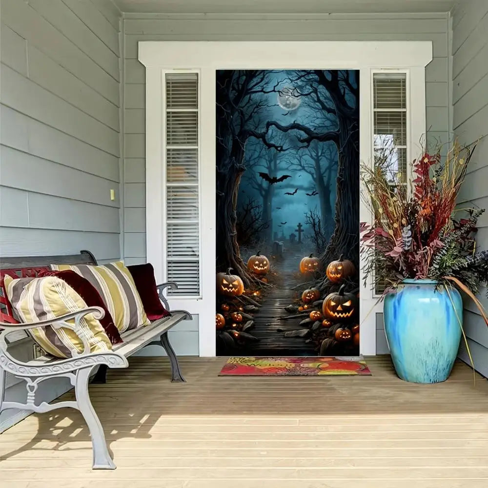 Halloween Door Decorations Horror Moon Night Dead Tree Scary Cemetery Pumpkins Door Cover Banner Halloween Front Door Porch Back