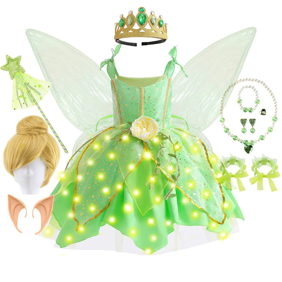 Girls Tinker Bell Dress With Wings Luxury Sequin Green Fairy Costume Halloween Fantasy Cartoon Outfits Green Princess Dress