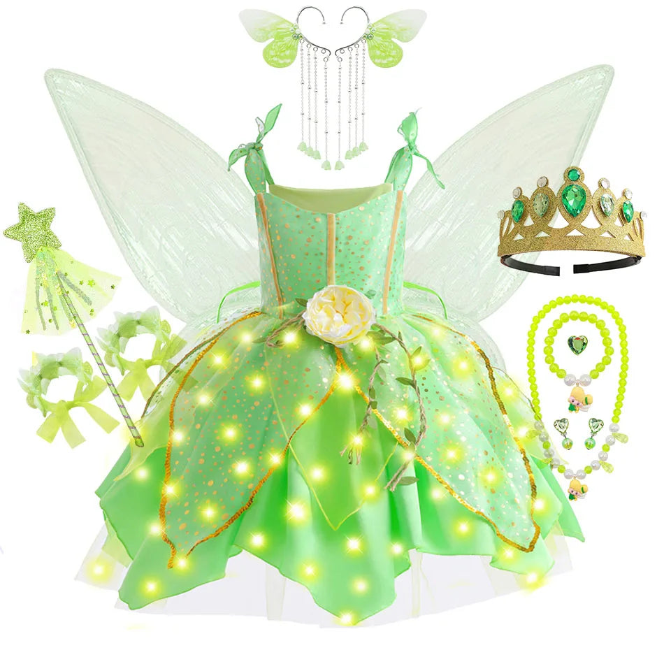Girls Tinker Bell Dress With Wings Luxury Sequin Green Fairy Costume Halloween Fantasy Cartoon Outfits Green Princess Dress