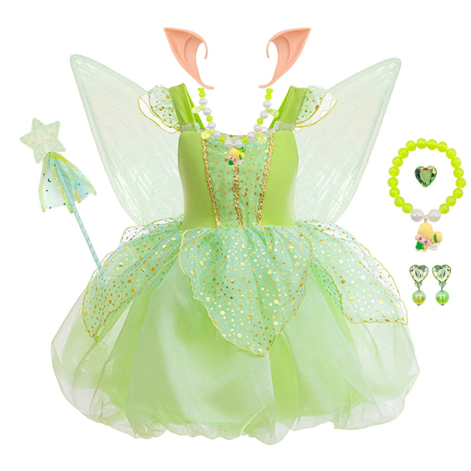Halloween Tinker Bell Costume Girls Green Elf Fairy Dress Kids Sequin Green Mesh Puffy Ball Gown Children Dance Clothes