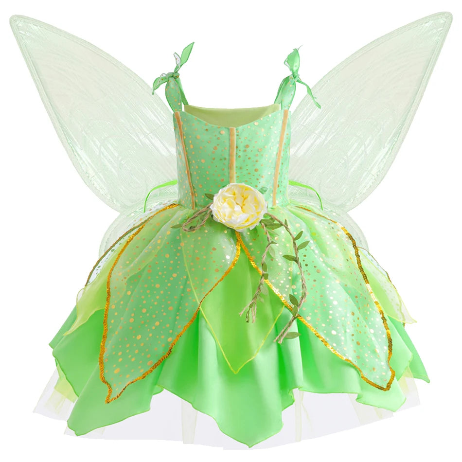Girls Tinker Bell Dress With Wings Luxury Sequin Green Fairy Costume Halloween Fantasy Cartoon Outfits Green Princess Dress