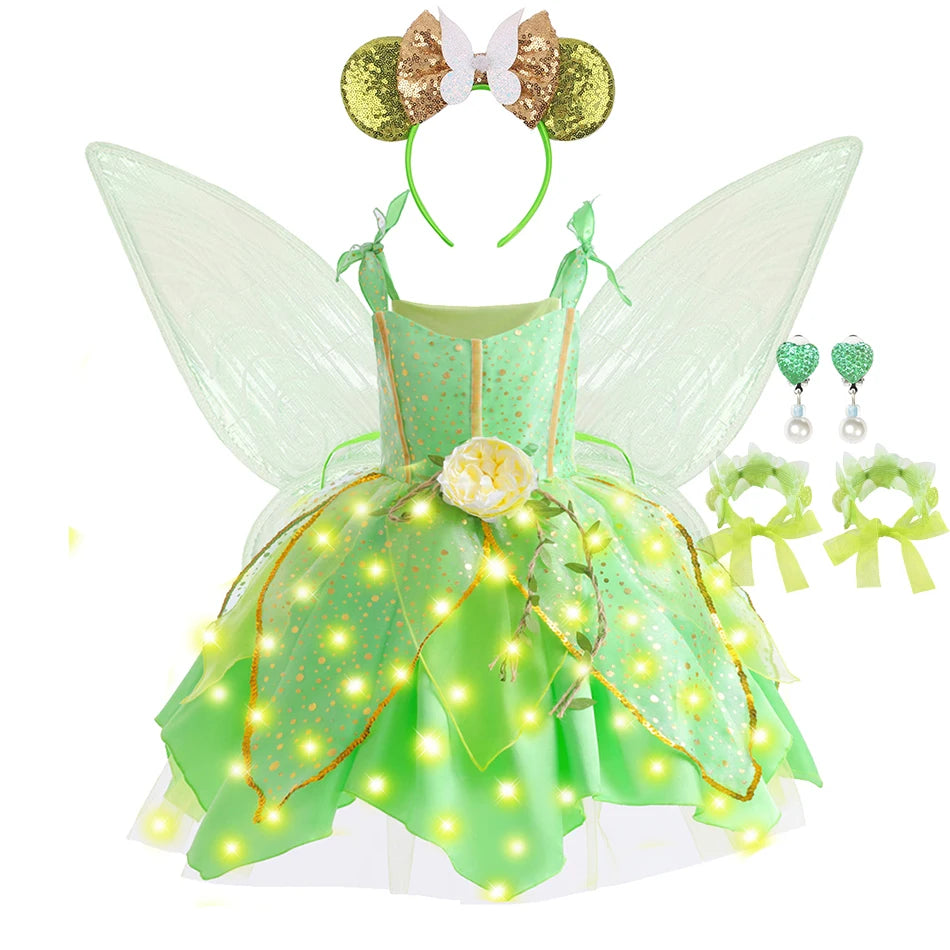 Girls Tinker Bell Dress With Wings Luxury Sequin Green Fairy Costume Halloween Fantasy Cartoon Outfits Green Princess Dress