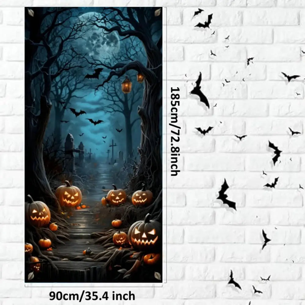 Halloween Door Decorations Horror Moon Night Dead Tree Scary Cemetery Pumpkins Door Cover Banner Halloween Front Door Porch Back