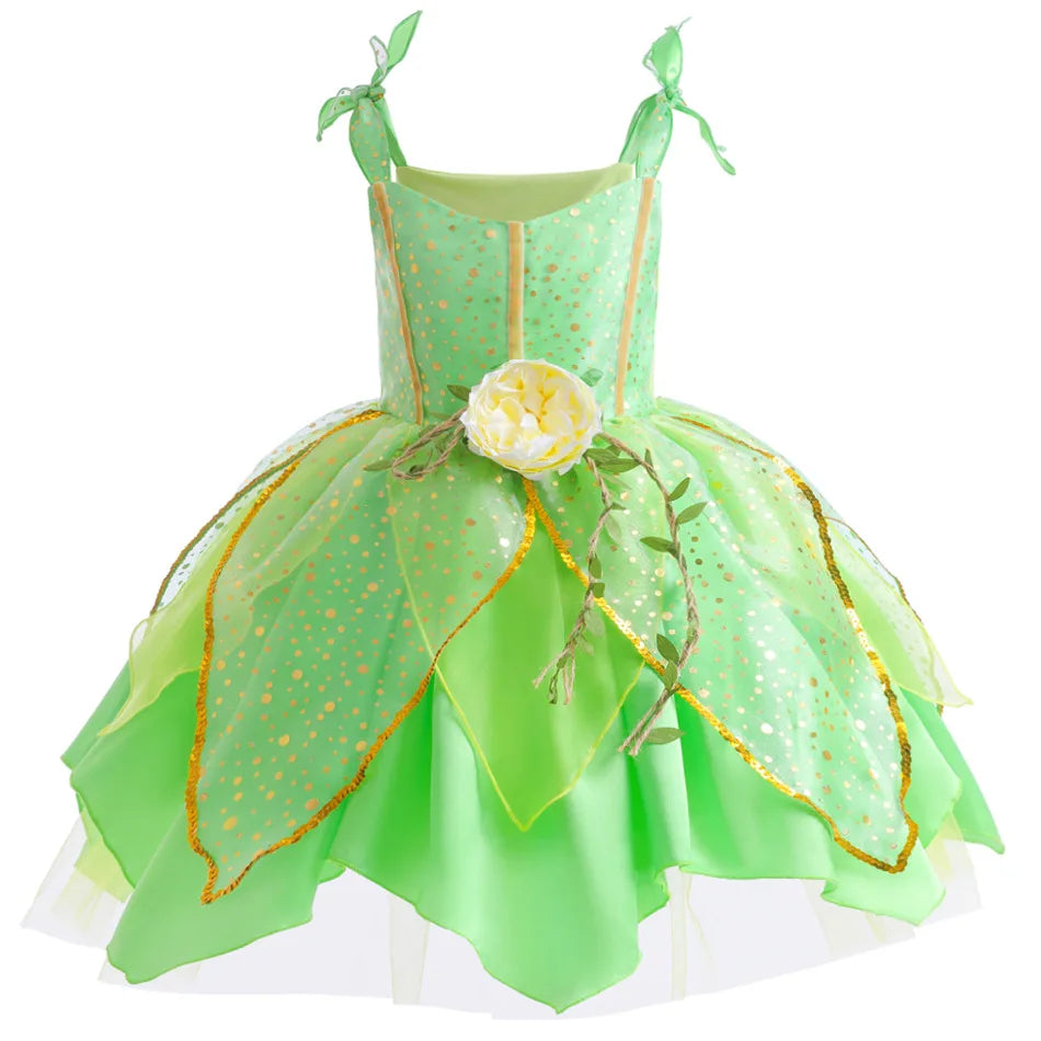 Girls Tinker Bell Dress With Wings Luxury Sequin Green Fairy Costume Halloween Fantasy Cartoon Outfits Green Princess Dress
