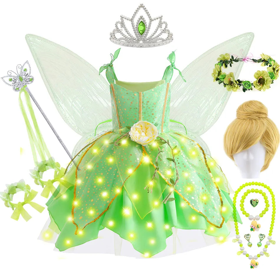 Girls Tinker Bell Dress With Wings Luxury Sequin Green Fairy Costume Halloween Fantasy Cartoon Outfits Green Princess Dress