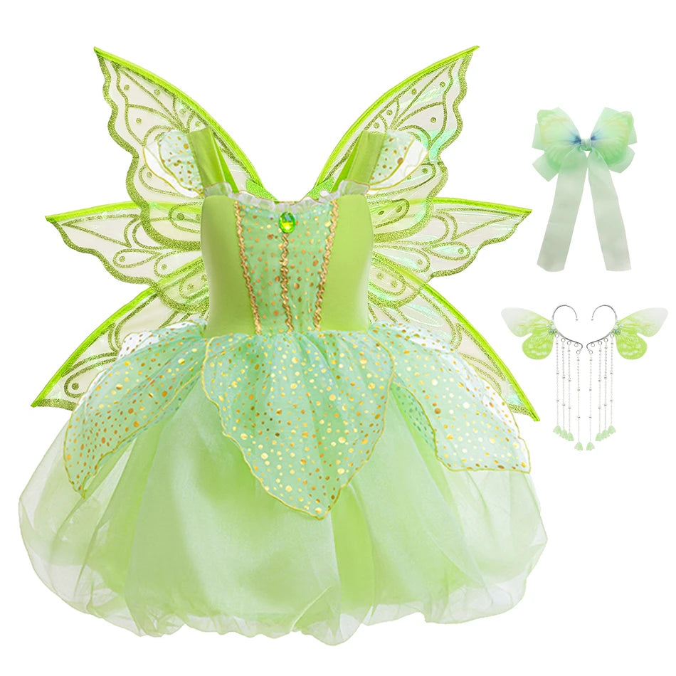 Halloween Tinker Bell Costume Girls Green Elf Fairy Dress Kids Sequin Green Mesh Puffy Ball Gown Children Dance Clothes