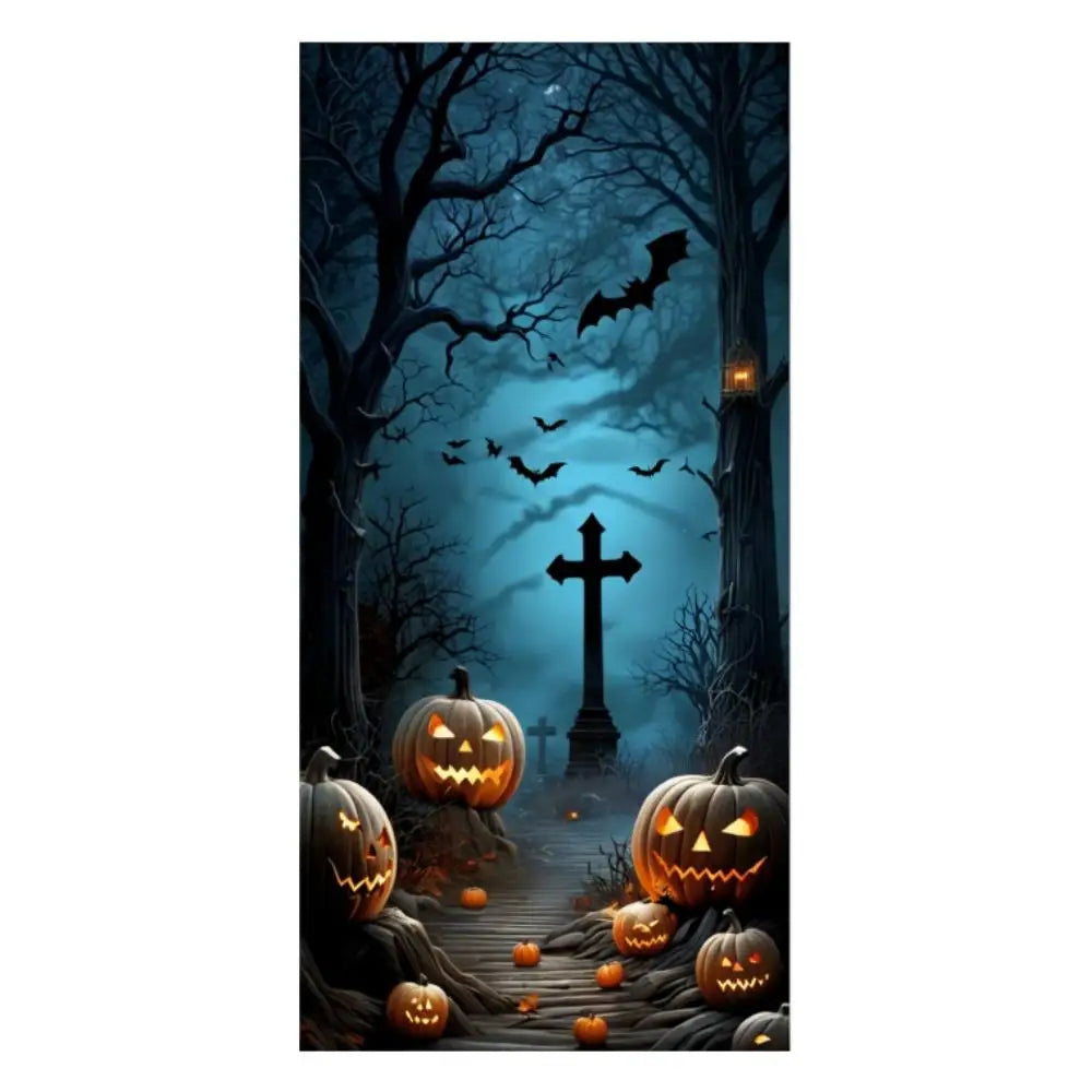 Halloween Door Decorations Horror Moon Night Dead Tree Scary Cemetery Pumpkins Door Cover Banner Halloween Front Door Porch Back