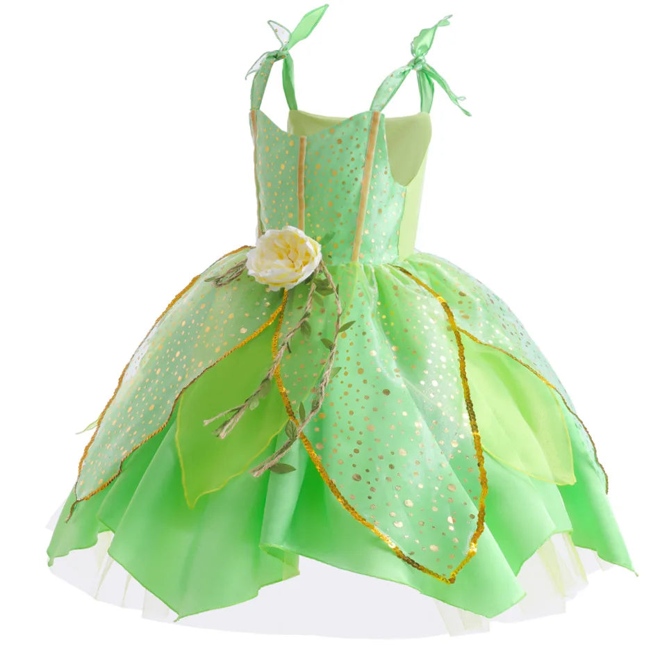 Girls Tinker Bell Dress With Wings Luxury Sequin Green Fairy Costume Halloween Fantasy Cartoon Outfits Green Princess Dress