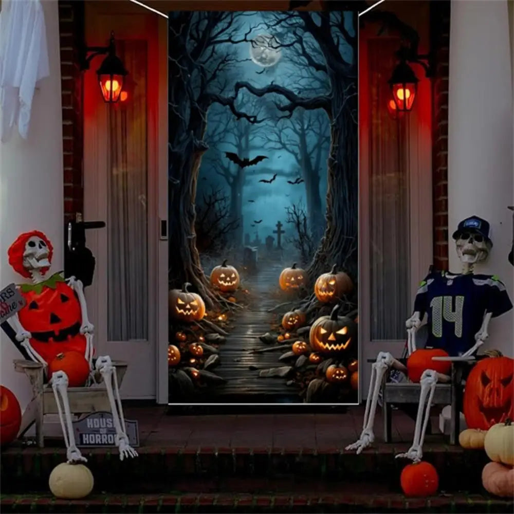 Halloween Door Decorations Horror Moon Night Dead Tree Scary Cemetery Pumpkins Door Cover Banner Halloween Front Door Porch Back