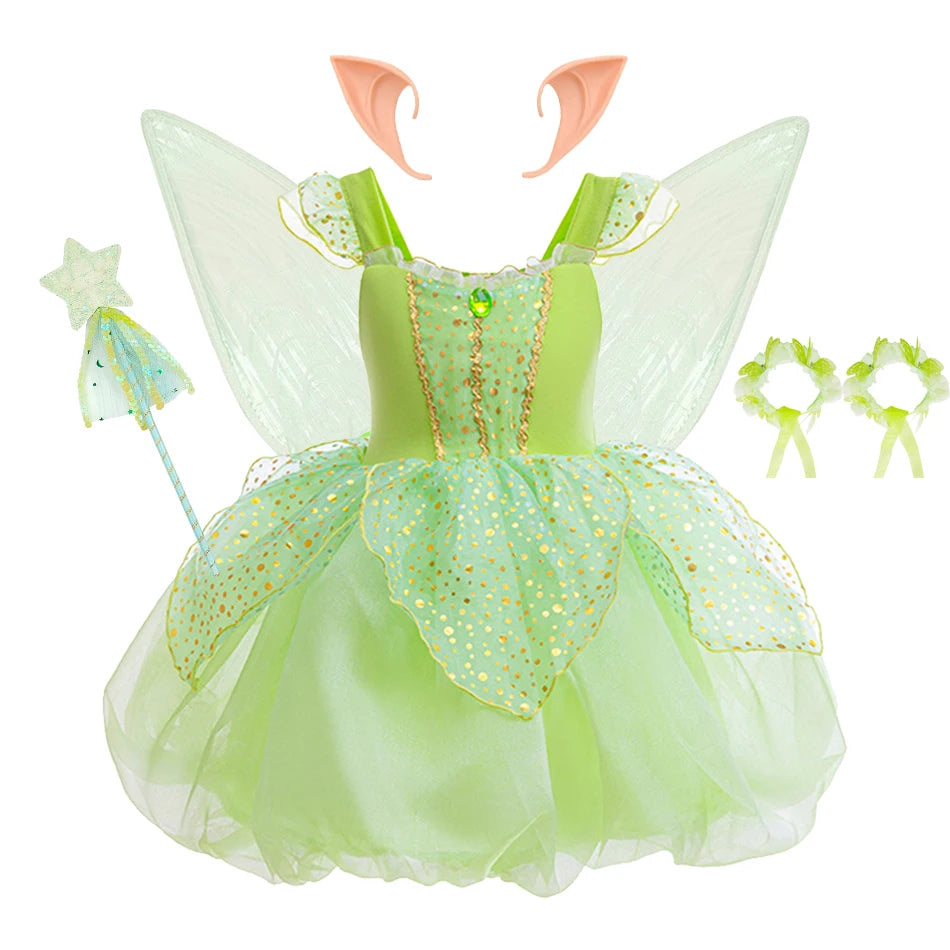Halloween Tinker Bell Costume Girls Green Elf Fairy Dress Kids Sequin Green Mesh Puffy Ball Gown Children Dance Clothes