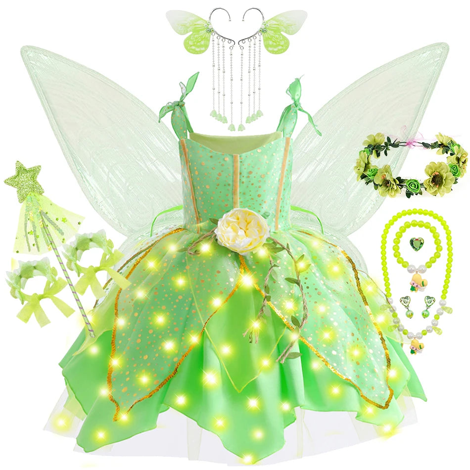 Girls Tinker Bell Dress With Wings Luxury Sequin Green Fairy Costume Halloween Fantasy Cartoon Outfits Green Princess Dress