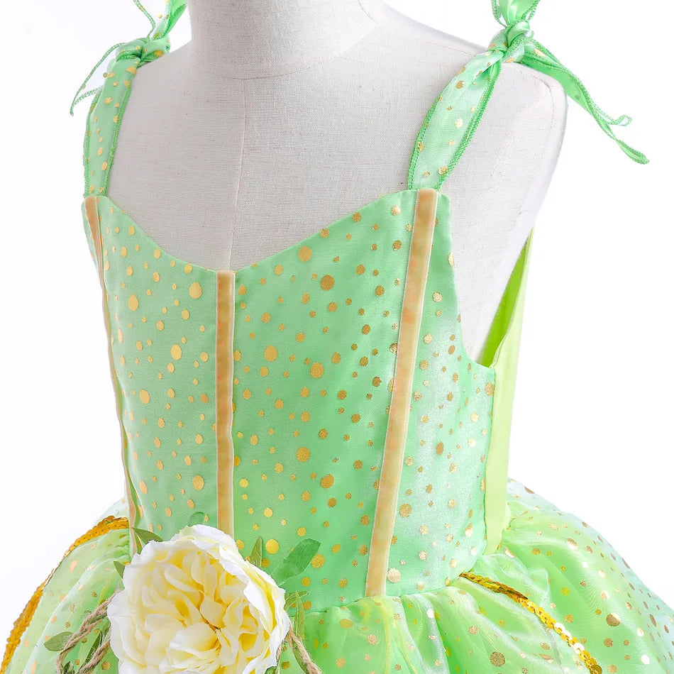 Girls Tinker Bell Dress With Wings Luxury Sequin Green Fairy Costume Halloween Fantasy Cartoon Outfits Green Princess Dress