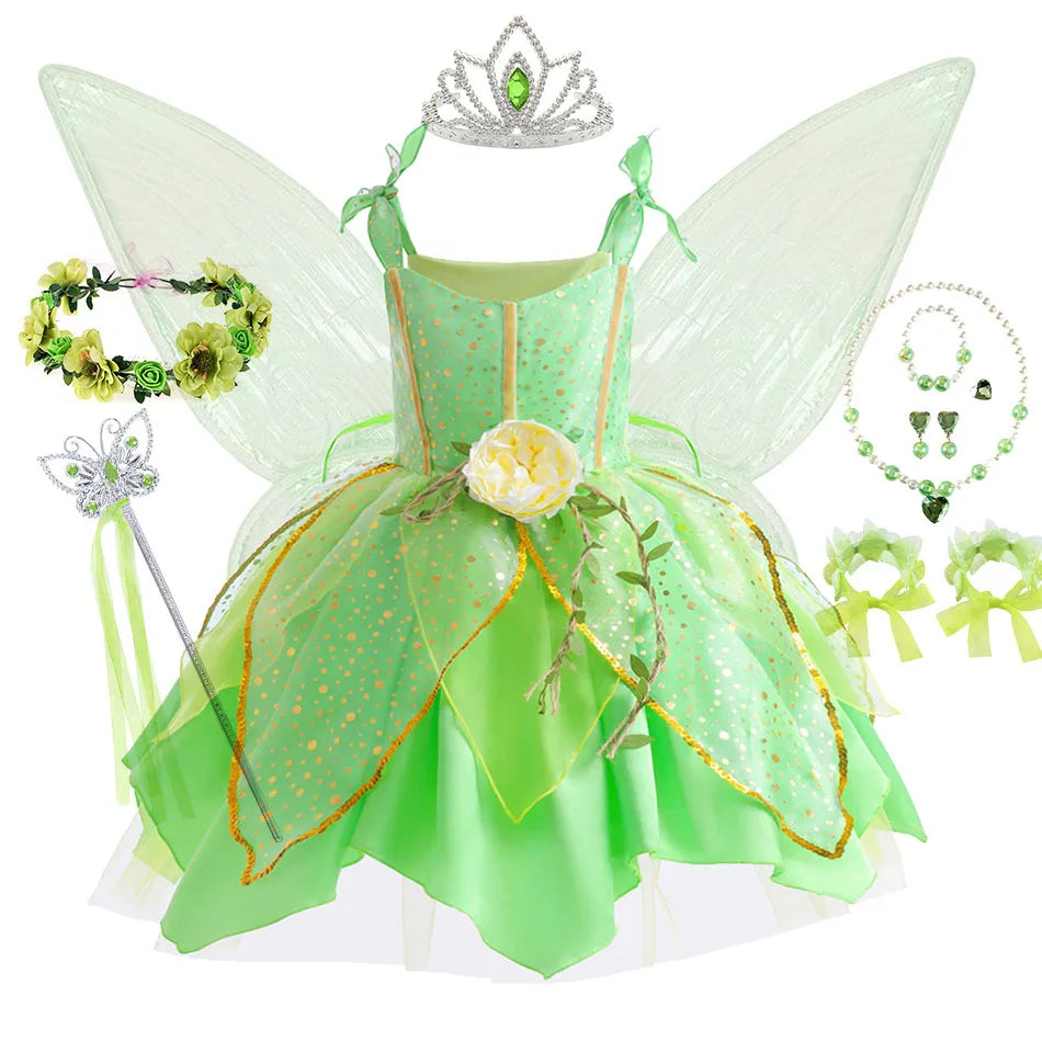 Girls Tinker Bell Dress With Wings Luxury Sequin Green Fairy Costume Halloween Fantasy Cartoon Outfits Green Princess Dress