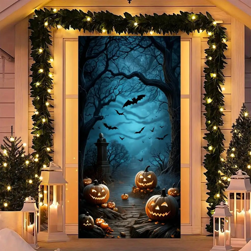 Halloween Door Decorations Horror Moon Night Dead Tree Scary Cemetery Pumpkins Door Cover Banner Halloween Front Door Porch Back